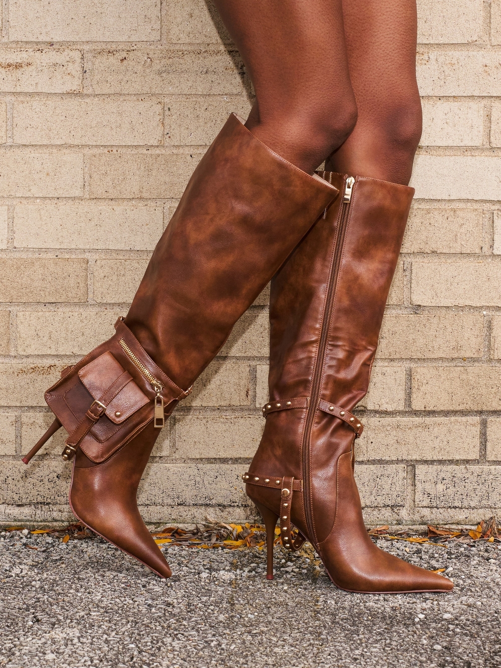 Azalea Wang Women's Brown Leather High-Heel Knee Boots with Side Studs